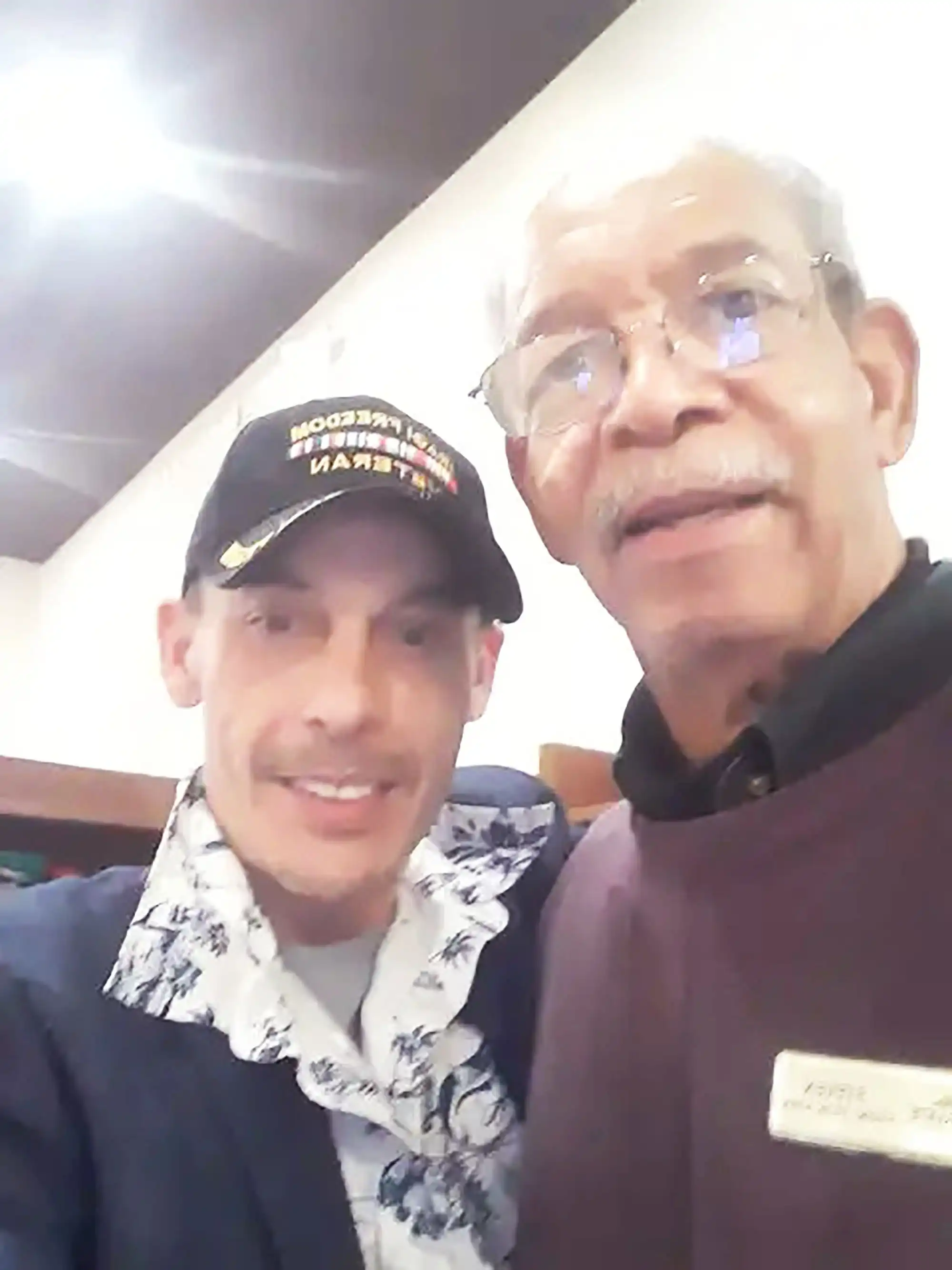 Iraq war Veteran David Haave meets fellow Veteran from the Chattanooga 48 group of Vietnam Veterans; love shared among Veterans just amazing kindness, 2020, USA. -- David Haave